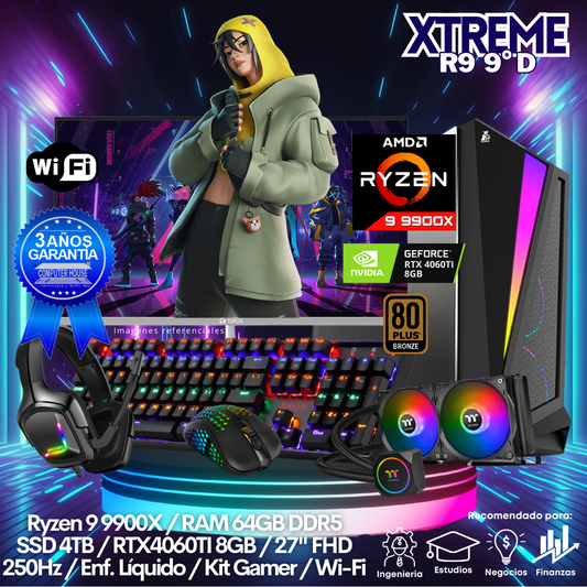 XTREME Ryzen 9-9900X "D", RAM 64GB DDR5, SSD 4TB, Video RTX4060TI 8GB, Wi-Fi, Enfriamiento Líquido, Monitor 27″ FHD 250Hz, Kit Gamer.