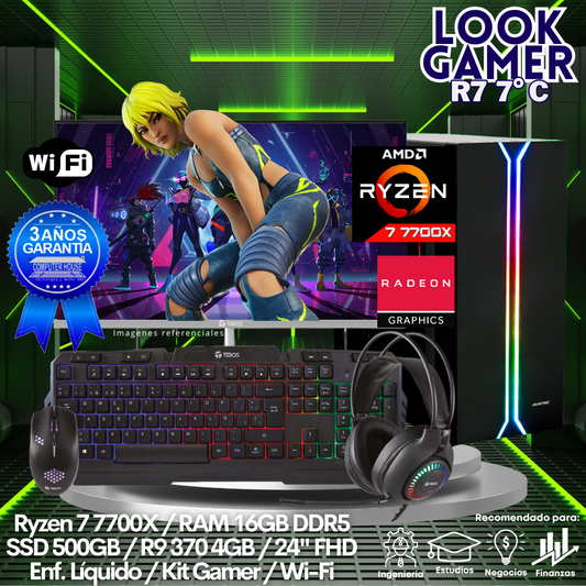 LOOK GAMER Ryzen 7-7700X "C", RAM 16GB DDR5, SSD 500GB, Video R9 370 4GB, Wi-Fi, Enfriamiento Líquido, Monitor 24″ FHD, Kit Gamer.