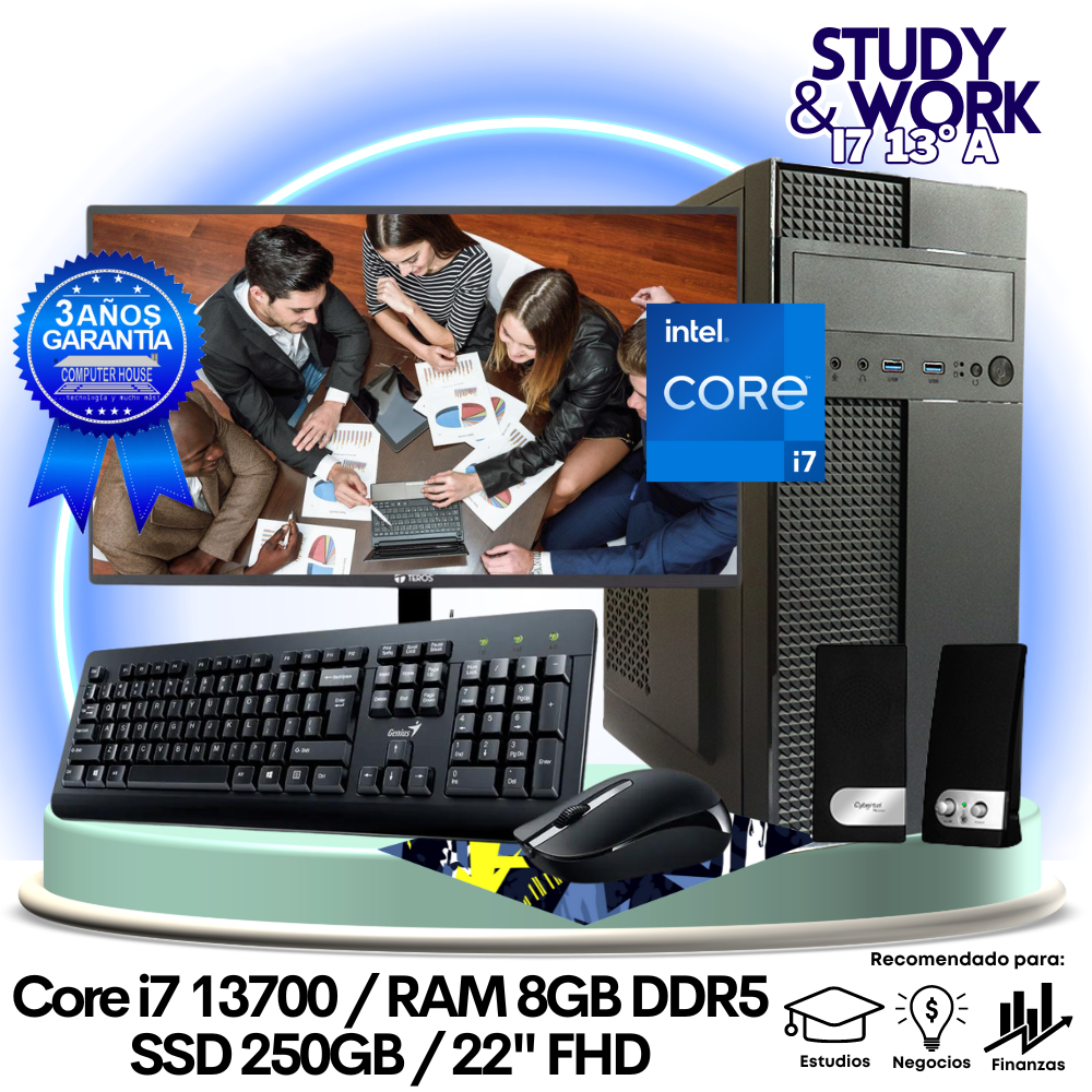 Desktop Core i7-13700 "A", RAM 8GB DDR5, SSD 250GB, Monitor 22″ FHD, Teclado + Mouse + Parlantes o Audífono.
