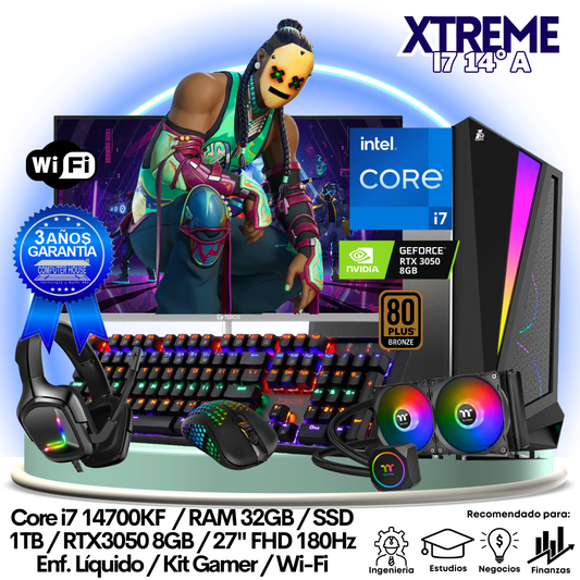 XTREME Core i7-14700KF "A", RAM 32GB, SSD 1TB, Video RTX3050 8GB, Wi-Fi, Enfriamiento Líquido, Monitor 27″ FHD 180Hz + Kit Gamer.
