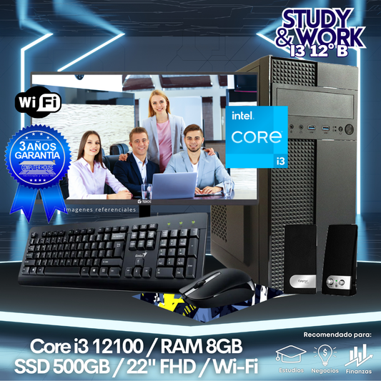 Desktop Core i3-12100 "B", RAM 8GB, SSD 500GB, Wi-Fi, Monitor 22″ FHD, Kit Teclado + Mouse, Parlantes o Audífono.