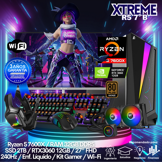 XTREME Ryzen 5-7600X "B", RAM 32GB DDR5, SSD 2TB, Video RTX3060 12GB, Wi-Fi, Enfriamiento Líquido, Monitor 27″ FHD 240Hz, Kit Gamer.