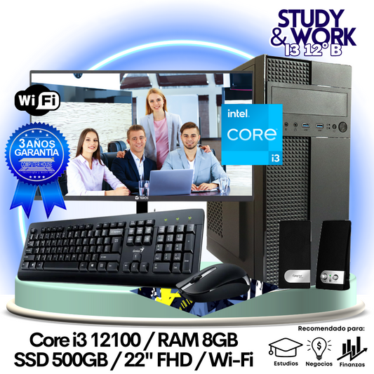 Desktop Core i3-12100 "B", RAM 8GB, SSD 500GB, Wi-Fi, Monitor 22″ FHD, Teclado + Mouse + Parlantes o Audífono.