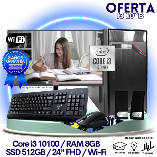 OFERTA TRABAJO & ESTUDIOS: Core i3-10100 "B", RAM 8GB, SSD 512GB, Wi-Fi, Monitor 24″ FHD, Teclado + Mouse + Parlantes.