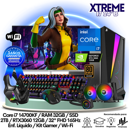 XTREME Core i7-14700KF "B", RAM 32GB, SSD 2TB, Video RTX3060 12GB, Wi-Fi, Enfriamiento Líquido, Monitor 32″ FHD 165Hz + Kit Gamer.