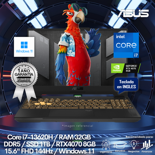 Laptop ASUS Tuf FX507VI, Core i7-13620H, RAM 32GB DDR5, SSD 1TB, Video RTX4070 8GB, 15.6" FHD 144Hz, Teclado en Inglés, Windows 11.