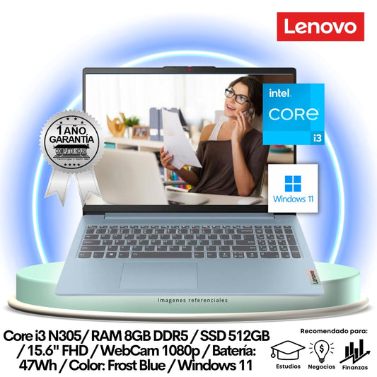 Laptop LENOVO IdeaPad Slim 3, Core i3-N305, RAM 8GB DDR5, SSD 512GB, 15.6" FHD, Windows 11.