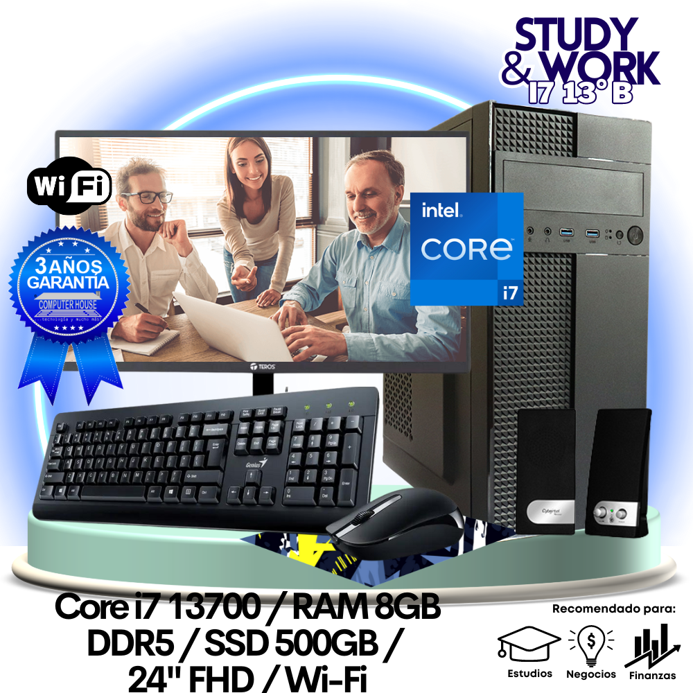Desktop Core i7-13700 "B", RAM 8GB DDR5, SSD 500GB, Wi-Fi, Monitor 24″ FHD, Teclado + Mouse + Parlantes o Audífono.