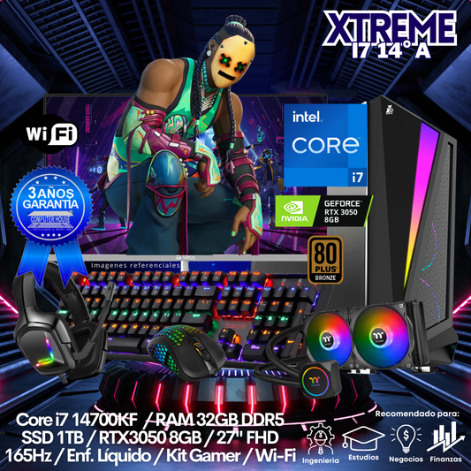 XTREME Core i7-14700KF "A", RAM 32GB DDR5, SSD 1TB, Video RTX3050 8GB, Wi-Fi, Enfriamiento Líquido, Monitor 27″ FHD 165Hz, Kit Gamer.