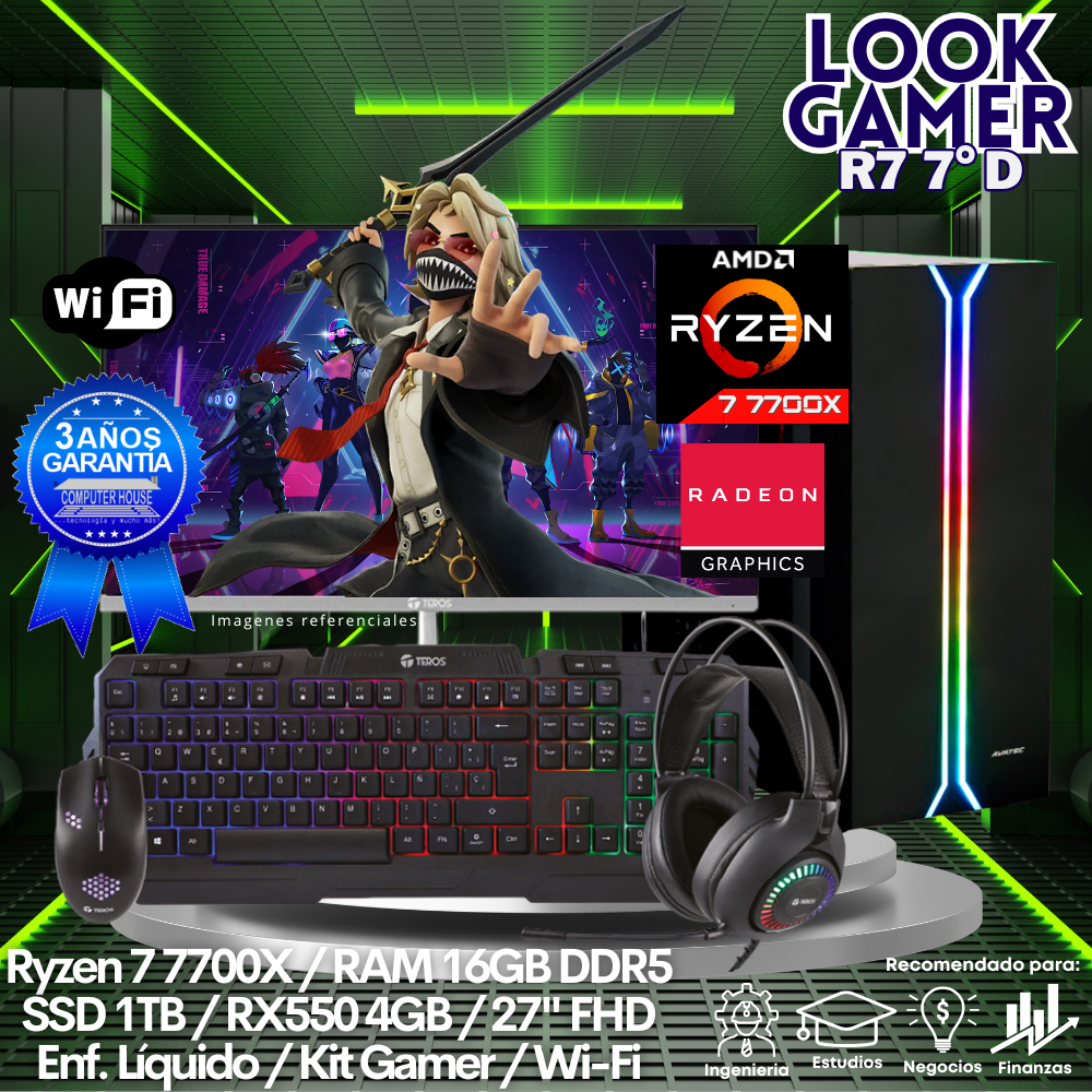 LOOK GAMER Ryzen 7-7700X "D", RAM 16GB DDR5, SSD 1TB, Video RX550 4GB, Wi-Fi, Enfriamiento Líquido, Monitor 27″ FHD, Kit Gamer.