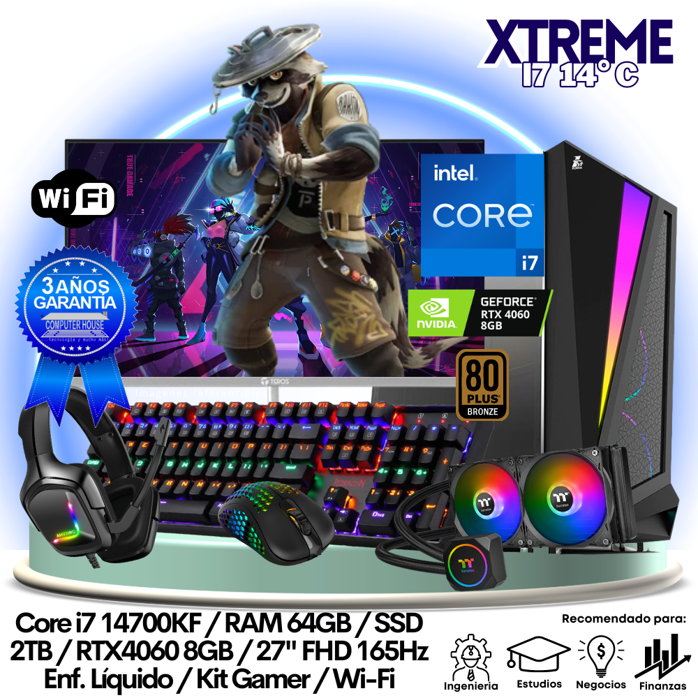 XTREME Core i7-14700KF "C", RAM 64GB, SSD 2TB, Video RTX4060 8GB, Wi-Fi, Enfriamiento Líquido, Monitor 27″ FHD 165Hz + Kit Gamer.