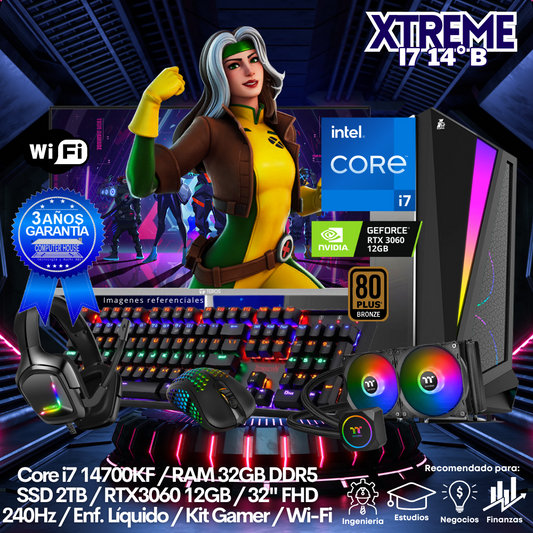 XTREME Core i7-14700KF "B", RAM 32GB DDR5, SSD 2TB, Video RTX3060 12GB, Wi-Fi, Enfriamiento Líquido, Monitor 27″ FHD 240Hz, Kit Gamer.