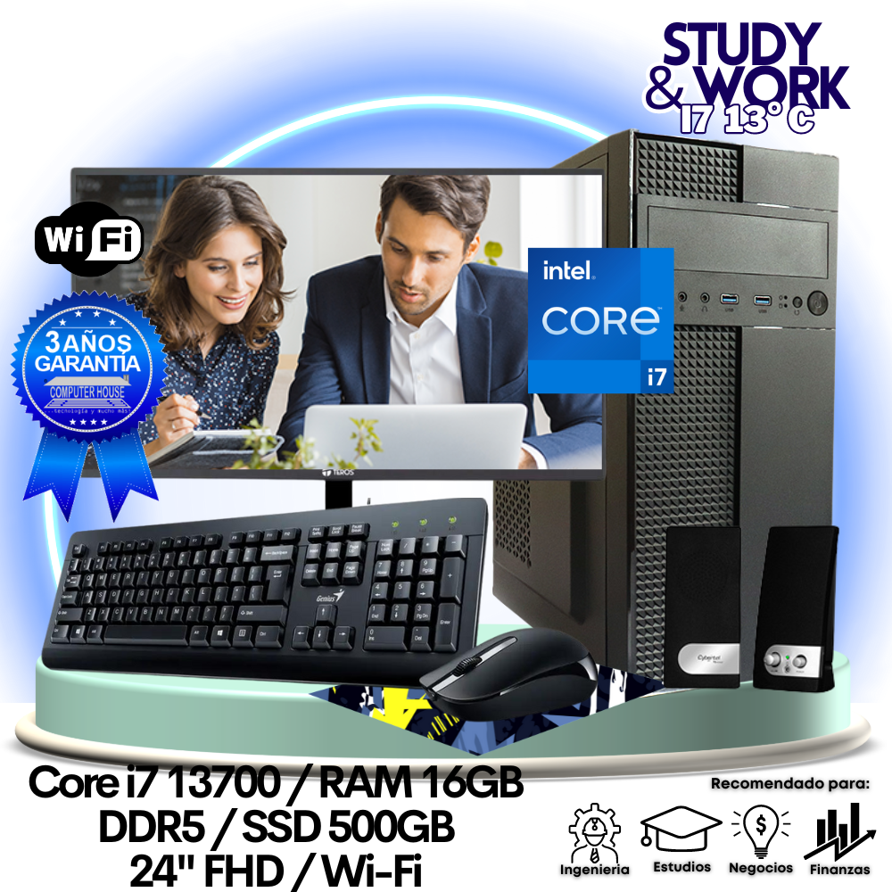 Desktop Core i7-13700 "C", RAM 16GB DDR5, SSD 500GB, Wi-Fi, Monitor 24″ FHD, Teclado + Mouse + Parlantes o Audífono.