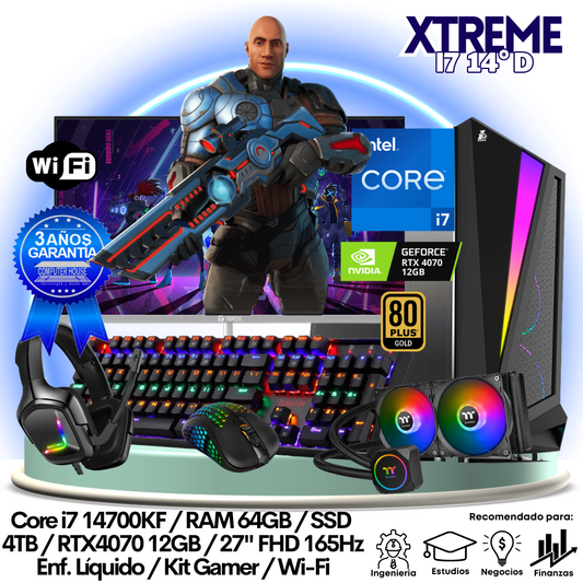 XTREME Core i7-14700KF "D", RAM 64GB, SSD 4TB, Video RTX4070 12GB, Wi-Fi, Enfriamiento Líquido, Monitor 27″ FHD 165Hz, Kit Gamer.