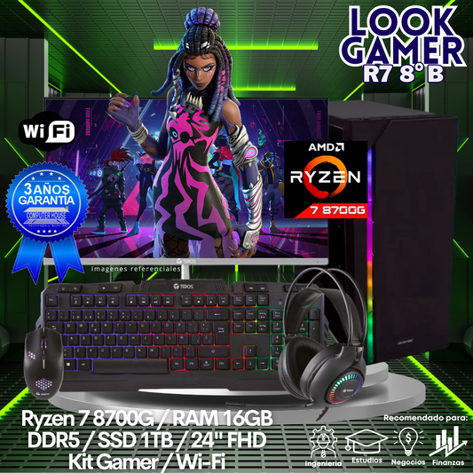 LOOK GAMER Ryzen 7-8700G "B", RAM 16GB DDR5, SSD 1TB, Wi-Fi, Monitor 24″ FHD, Kit Gamer.