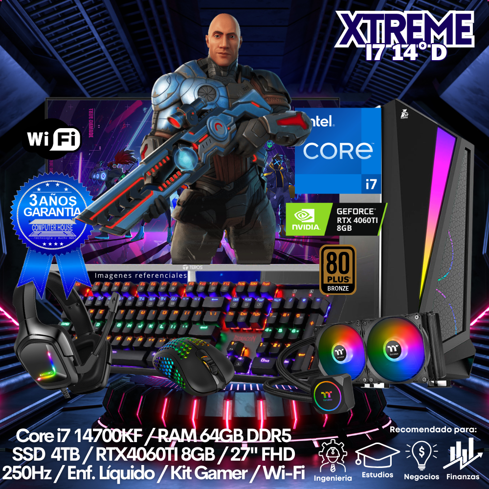 XTREME Core i7-14700KF "D", RAM 64GB DDR5, SSD 4TB, Video RTX4060TI 8GB, Wi-Fi, Enfriamiento Líquido, Monitor 27″ FHD 250Hz, Kit Gamer.