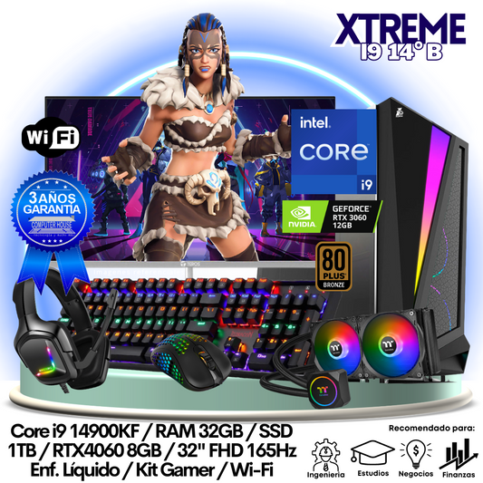 XTREME Core i9-14900KF "B", RAM 32GB, SSD 2TB, Video RTX3060 12GB, Wi-Fi, Enfriamiento Líquido, Monitor 32″ FHD 165Hz + Kit Gamer.