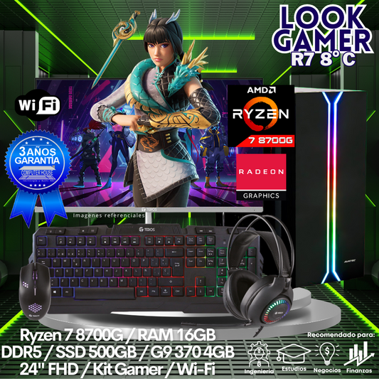 LOOK GAMER Ryzen 7-8700F "C", RAM 16GB DDR5, SSD 500GB, Video R9 370 4GB, Wi-Fi, Monitor 24″ FHD, Kit Gamer.