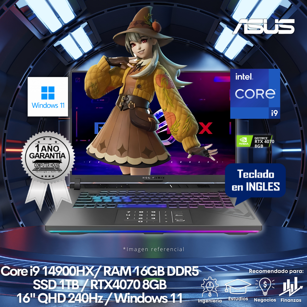 Laptop ASUS StrixScar, Core i9-14900HX, RAM 16GB DDR5, SSD 1TB, Video RTX4070 8GB, 16″ QHD 240Hz, Teclado en Inglés, Windows 11.