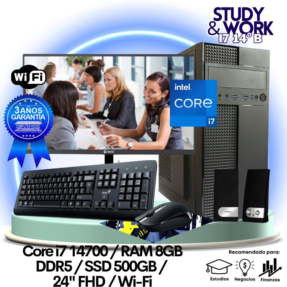 Desktop Core i7-14700 "B", RAM 8GB DDR5, SSD 500GB, Wi-Fi, Monitor 24″ FHD, Teclado + Mouse + Parlantes o Audífono.