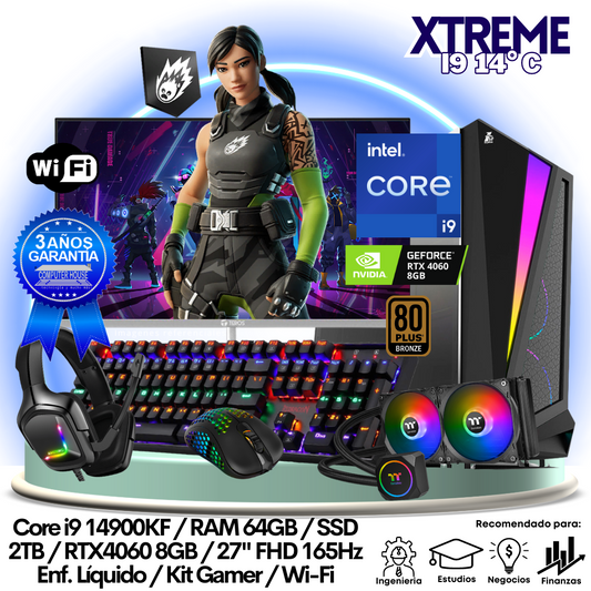 XTREME Core i9-14900KF "C", RAM 64GB, SSD 2TB, Video RTX4060 8GB, Wi-Fi, Enfriamiento Líquido, Monitor 27″ FHD 165Hz + Kit Gamer.