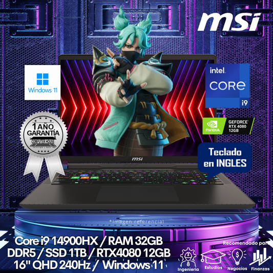 Laptop MSI Vector HXA14VHG, Core i9-14900HX, RAM 32GB DDR5, SSD 1TB, Video RTX4080 12GB, 16″ QHD 240Hz, Teclado en Inglés, Windows 11.