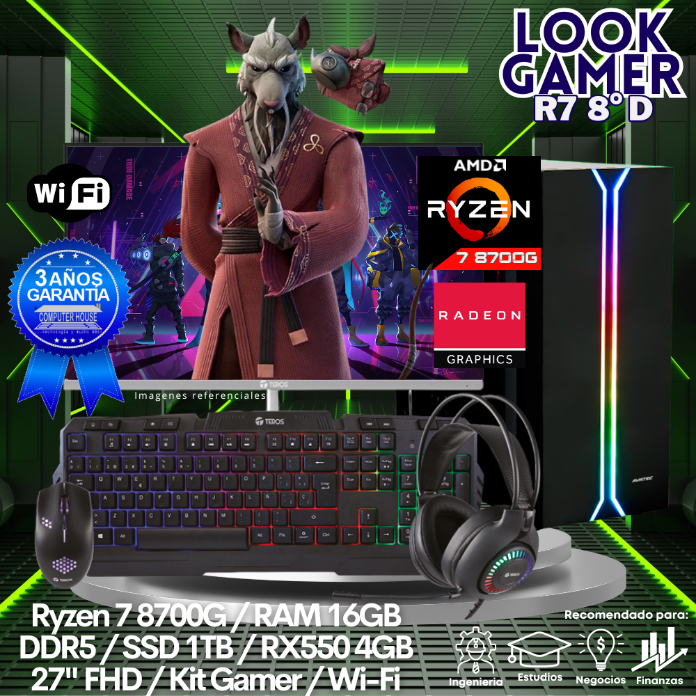 LOOK GAMER Ryzen 7-8700F "D", RAM 16GB DDR5, SSD 1TB, Video RX550 4GB, Wi-Fi, Monitor 27″ FHD, Kit Gamer.