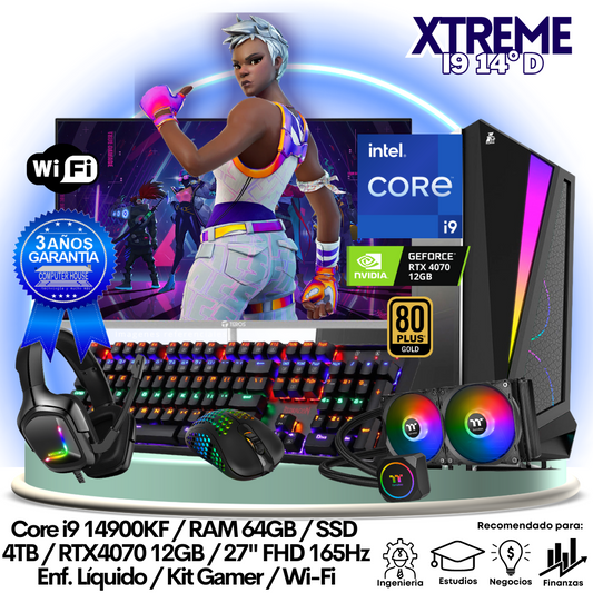 XTREME Core i9-14900KF "D", RAM 64GB, SSD 4TB, Video RTX4070 12GB, Wi-Fi, Enfriamiento Líquido, Monitor 27″ FHD 165Hz, Kit Gamer.