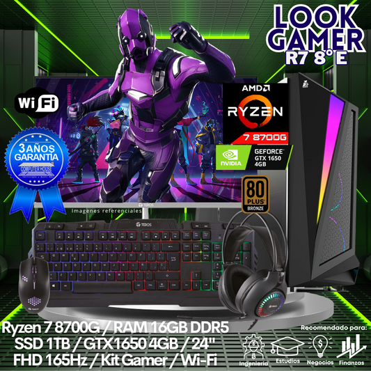 LOOK GAMER Ryzen 7-8700F "E", RAM 16GB DDR5, SSD 1TB, Video GTX1650 4GB, Wi-Fi, Monitor 24″ FHD 165Hz, Kit Gamer.