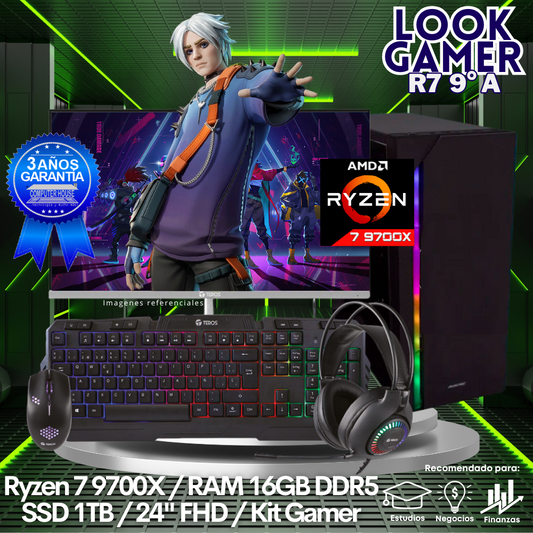 LOOK GAMER Ryzen 7-9700X "A", RAM 16GB DDR5, SSD 1TB, Wi-Fi, Enfriamiento Líquido, Monitor 24″ FHD, Kit Gamer.