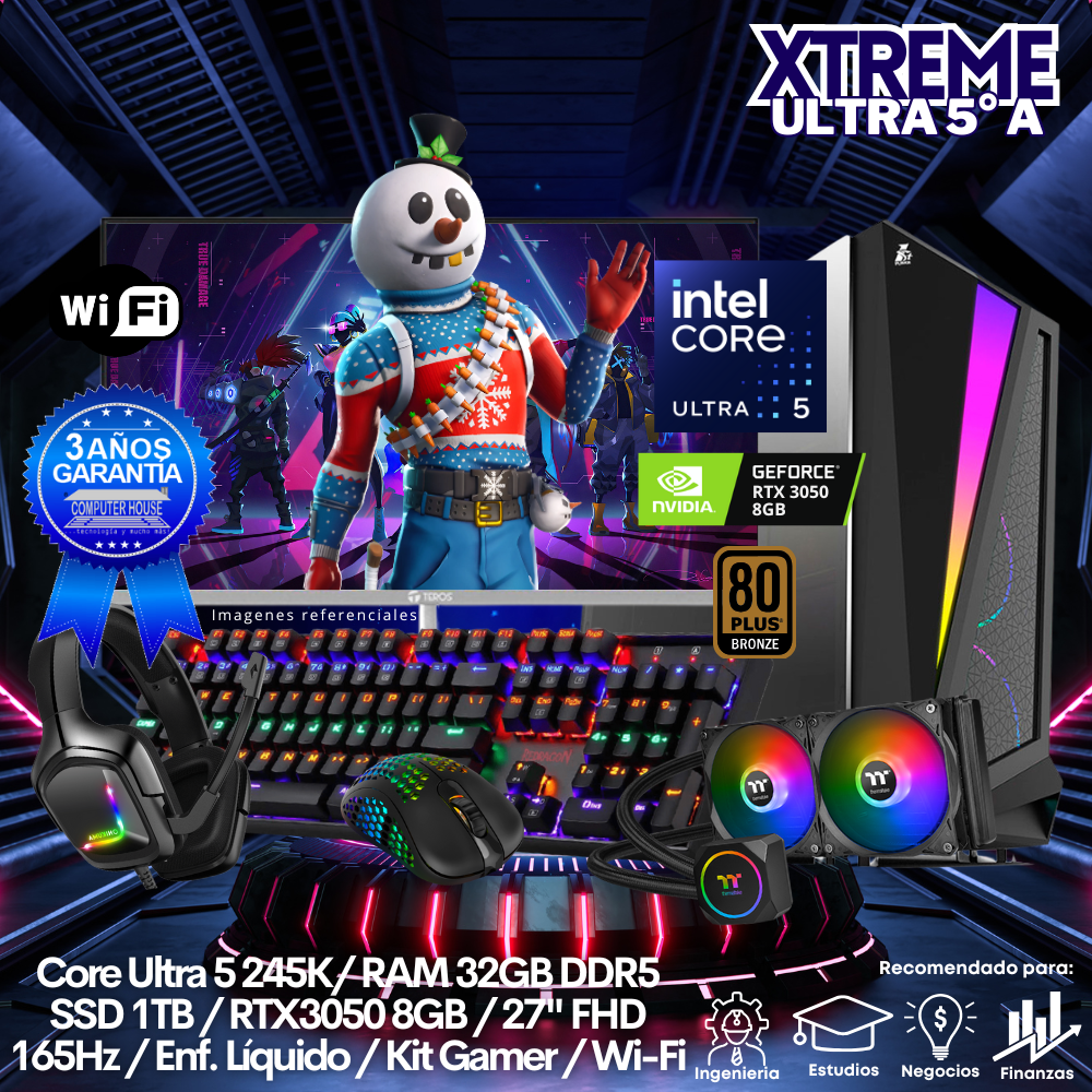 XTREME Core Ultra 5-245K "A", RAM 32GB DDR5, SSD 1TB, Video RTX3050 8GB, Wi-Fi, Enfriamiento Líquido, Monitor 27″ FHD 165Hz, Kit Gamer.