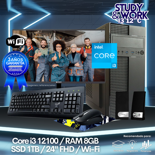 Desktop Core i3-12100 "C", RAM 8GB, SSD 1TB, Wi-Fi, Monitor 24″ FHD, Kit Teclado + Mouse, Parlantes o Audífono.