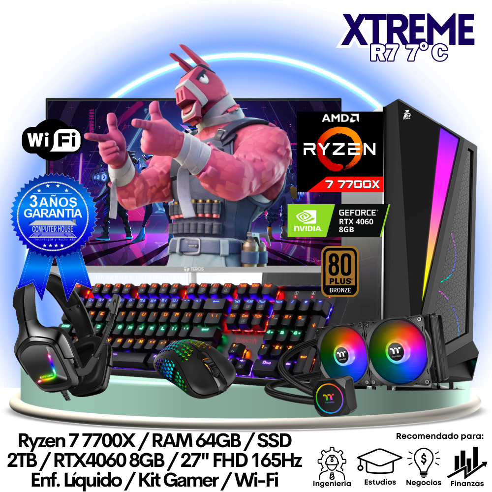XTREME Ryzen 7-7700X "C", RAM 64GB, SSD 2TB, Video RTX4060 8GB, Wi-Fi, Enfriamiento Líquido, Monitor 27″ FHD 165Hz + Kit Gamer.