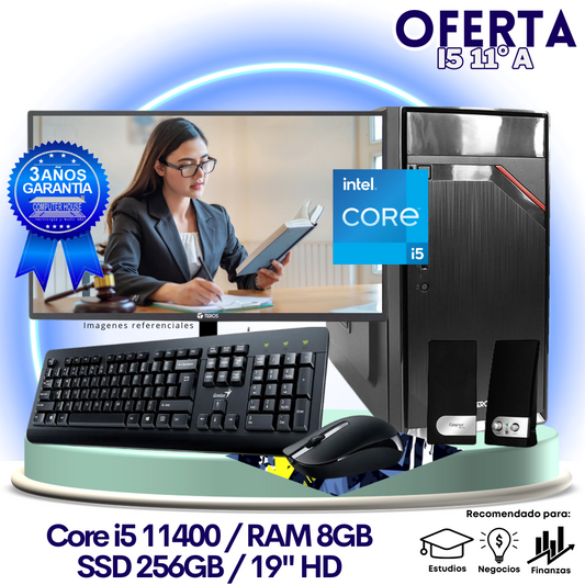 OFERTA TRABAJO & ESTUDIOS: Core i5-11400 "A", RAM 8GB, SSD 256GB, Monitor 19″ HD, Teclado + Mouse + Parlantes.