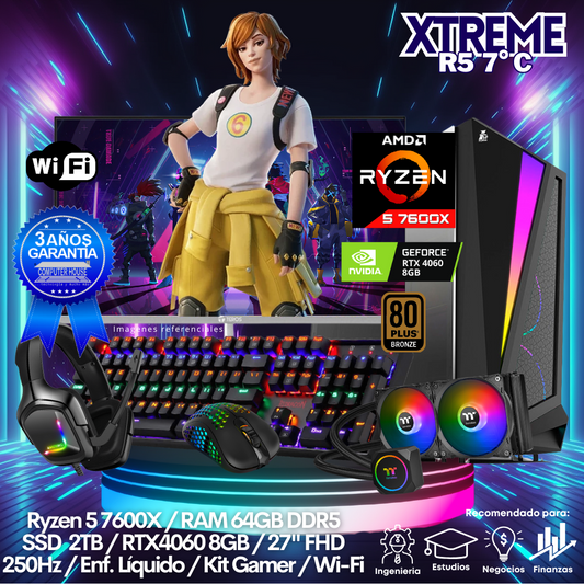 XTREME Ryzen 5-7600X "C", RAM 64GB DDR5, SSD 2TB, Video RTX4060 8GB, Wi-Fi, Enfriamiento Líquido, Monitor 27″ FHD 250Hz, Kit Gamer.