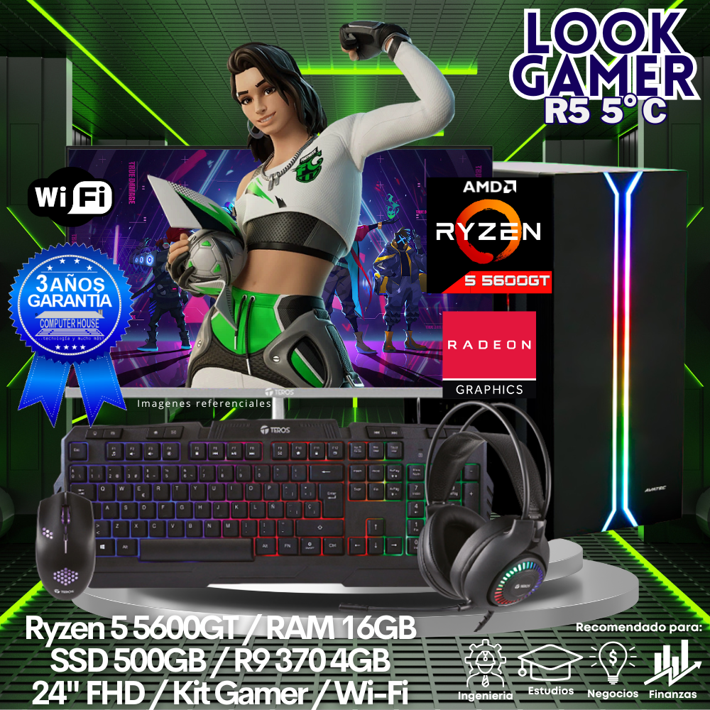 LOOK GAMER Ryzen 5-5600GT "C", RAM 16GB, SSD 500GB, Video R9 370 4GB, Wi-Fi, Monitor 24″ FHD, Kit Gamer.