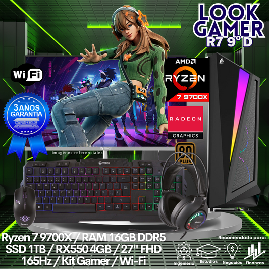 LOOK GAMER Ryzen 7-9700X "D", RAM 16GB DDR5, SSD 1TB, Video RX550 4GB, Wi-Fi, Enfriamiento Líquido, Monitor 27″ FHD 165Hz, Kit Gamer.