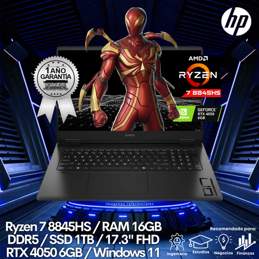 Laptop HP Omen, Ryzen 7-8845HS, RAM 16GB DDR5, SSD 1TB, 17.3" FHD, RTX4050 6GB, Windows 11.