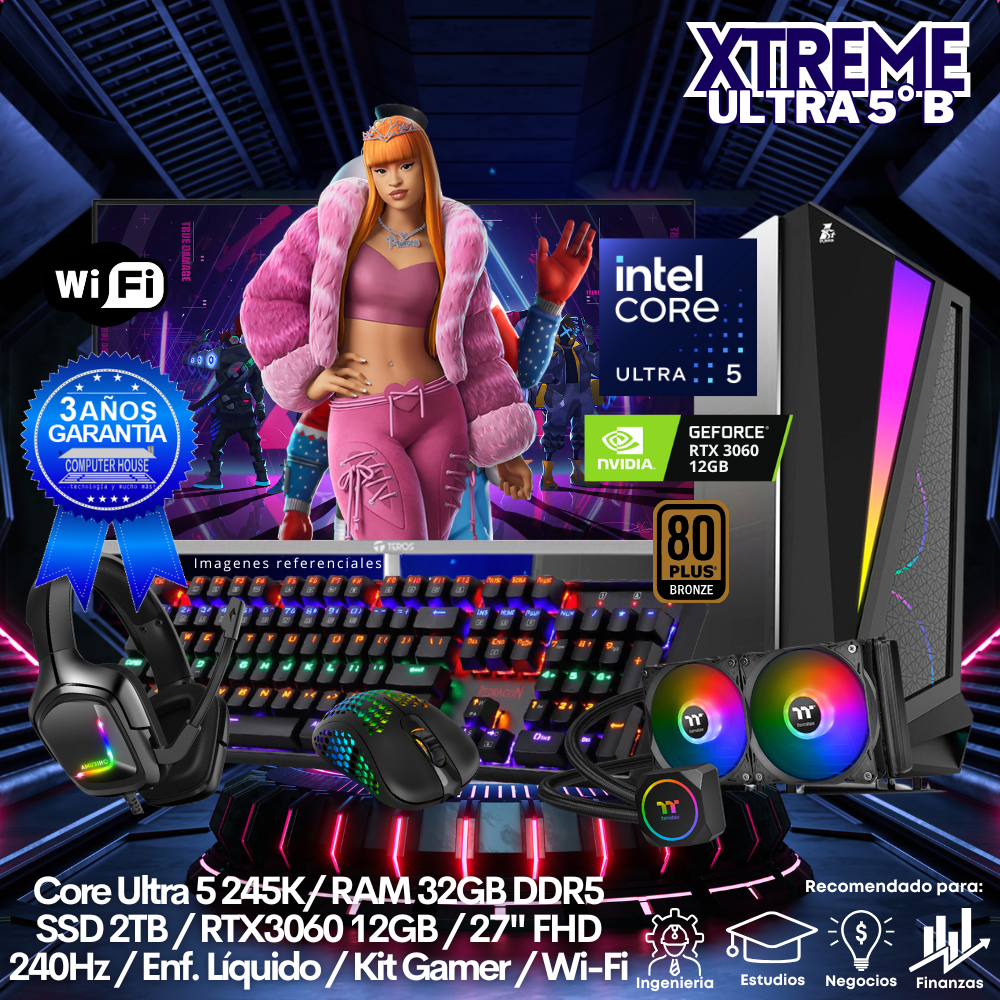 XTREME Core Ultra 5-245K "B", RAM 32GB DDR5, SSD 2TB, Video RTX3060 12GB, Wi-Fi, Enfriamiento Líquido, Monitor 27″ FHD 240Hz, Kit Gamer.