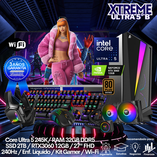 XTREME Core Ultra 5-245K "B", RAM 32GB DDR5, SSD 2TB, Video RTX3060 12GB, Wi-Fi, Enfriamiento Líquido, Monitor 27″ FHD 240Hz, Kit Gamer.