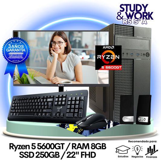 Desktop Ryzen 5-5600GT "A", RAM 8GB, SSD 250GB, Monitor 22″ FHD, Teclado + Mouse + Parlantes o Audífono.