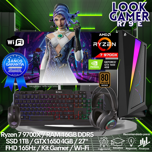 LOOK GAMER Ryzen 7-9700X "E", RAM 16GB DDR5, SSD 1TB, Video GTX1650 4GB, Wi-Fi, Enfriamiento Líquido, Monitor 27″ FHD 165Hz, Kit Gamer.