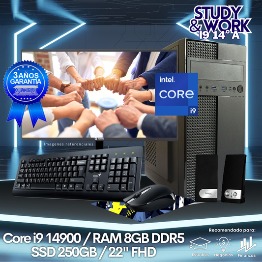 Desktop Core i9-14900 "A", RAM 8GB DDR5, SSD 250GB, Monitor 22″ FHD, Kit Teclado + Mouse, Parlantes o Audífono.