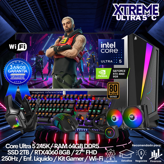 XTREME Core Ultra 5-245K "C", RAM 64GB DDR5, SSD 2TB, Video RTX4060 8GB, Wi-Fi, Enfriamiento Líquido, Monitor 27″ FHD 250Hz, Kit Gamer.