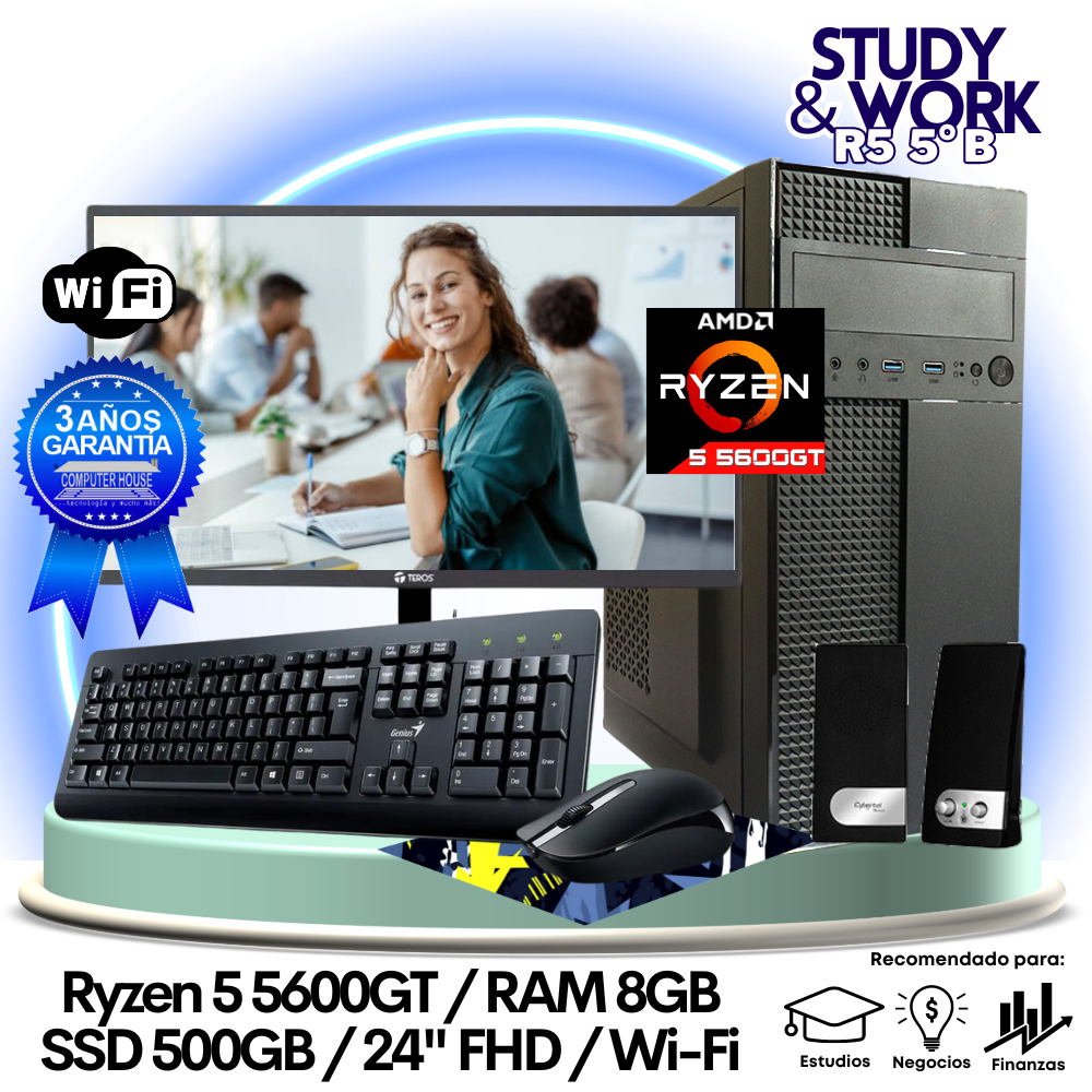 Desktop Ryzen 5-5600GT "B", RAM 8GB, SSD 500GB, Wi-Fi, Monitor 24″ FHD, Teclado + Mouse + Parlantes o Audífono.