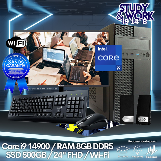 Desktop Core i9-14900K "B", RAM 8GB DDR5, SSD 500GB, Wi-Fi, Monitor 24″ FHD, Kit Teclado + Mouse, Parlantes o Audífono.