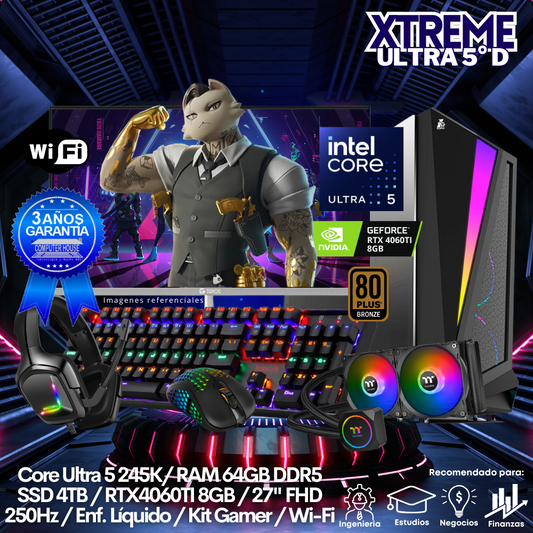 XTREME Core Ultra 5-245K "D", RAM 64GB DDR5, SSD 4TB, Video RTX4060TI 8GB, Wi-Fi, Enfriamiento Líquido, Monitor 27″ FHD 250Hz, Kit Gamer.