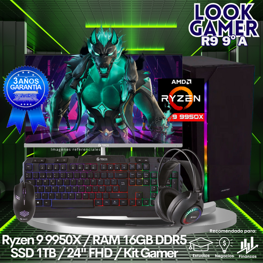 LOOK GAMER Ryzen 9-9900X "A", RAM 16GB DDR5, SSD 1TB, Wi-Fi, Enfriamiento Líquido, Monitor 24″ FHD, Kit Gamer.