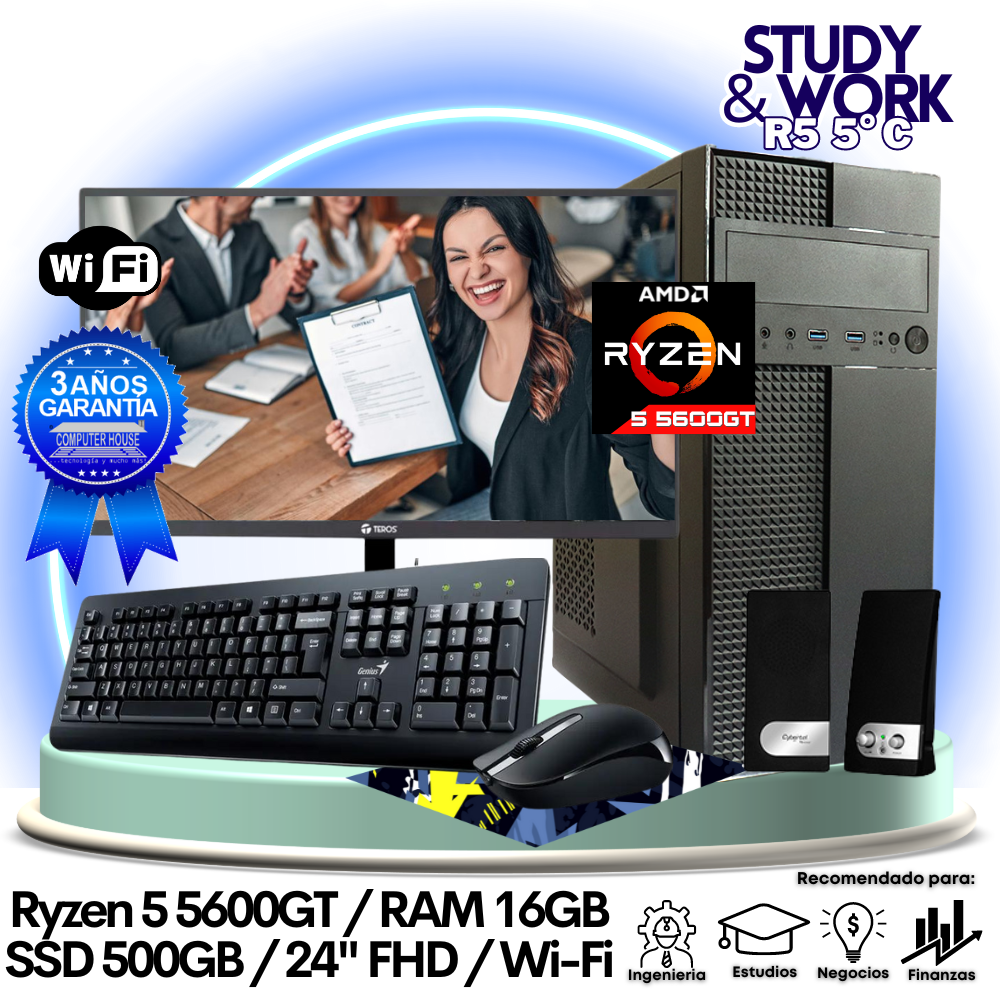 Desktop Ryzen 5-5600GT "C", RAM 16GB, SSD 500GB, Wi-Fi, Monitor 24″ FHD, Teclado + Mouse + Parlantes o Audífono.