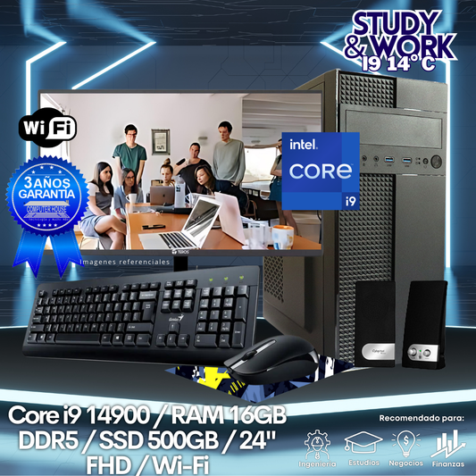 Desktop Core i9-14900K "C", RAM 16GB DDR5, SSD 500GB, Wi-Fi, Monitor 24″ FHD, Kit Teclado + Mouse, Parlantes o Audífono.